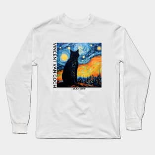 Vincent Van Gogh Artstyle, classic vincent van gogh painting, cat and starry night painting, oil painting, black cat, funny cat Long Sleeve T-Shirt